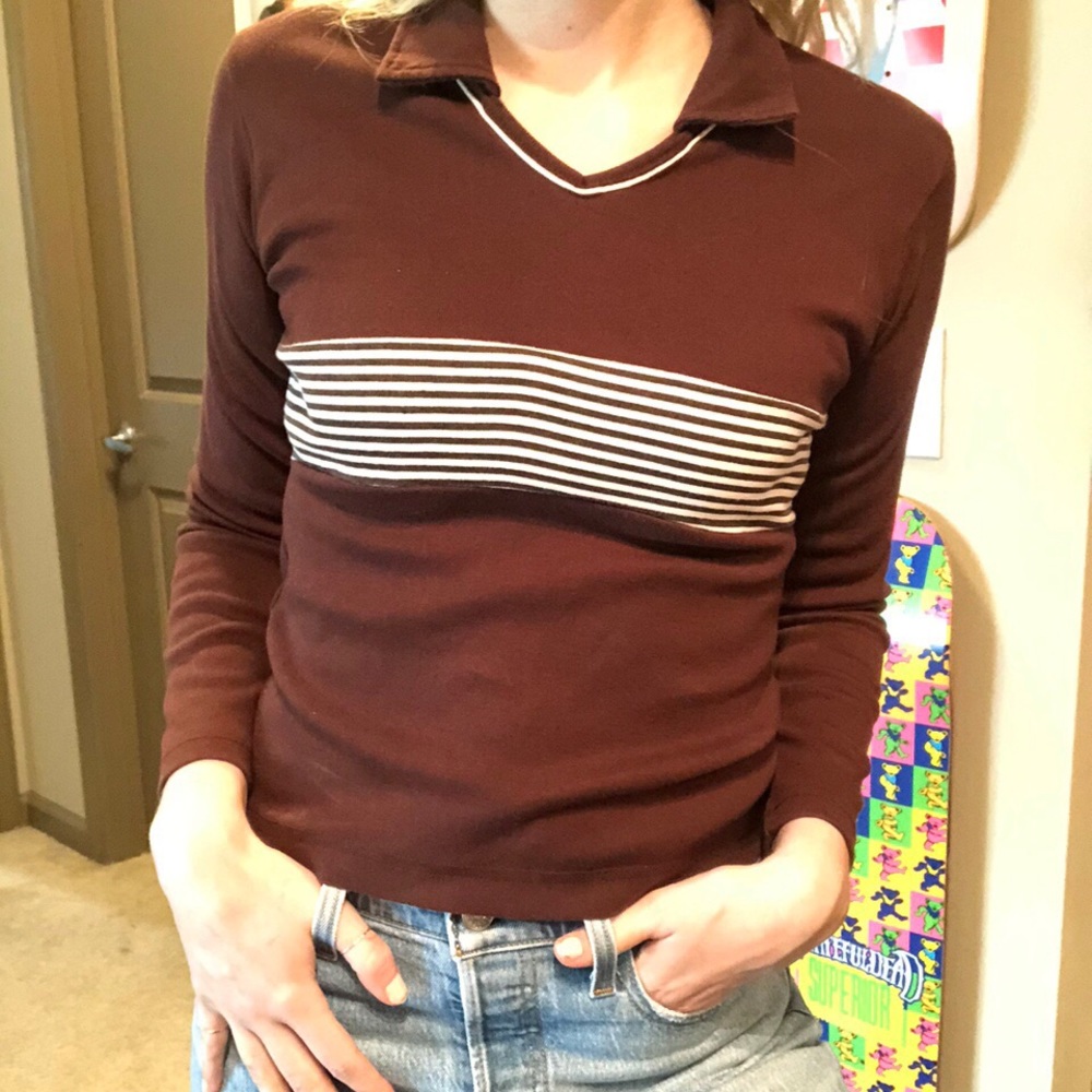 1970s Brown Striped Collar Knit Top